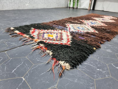 Moroccan Handmade Vintage Rug 2'6"x6' Berber Geometric Brown Cotton Tribal Rug - Picture 5 of 12