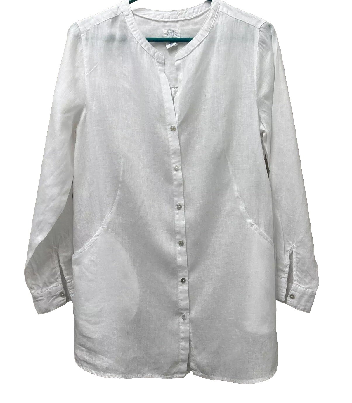 Sigrid Olsen Women S Tunic White Linen Button Front Pockets Vacation Lightweight