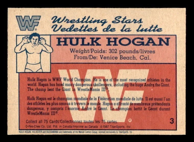1987 O-Pee-Chee WWF #3 Hulk Hogan NRMT+ - Image 2 of 2