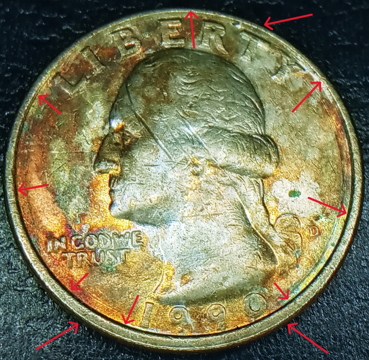 1990 D Washington Quarter Toning Both Sides Missing Clading