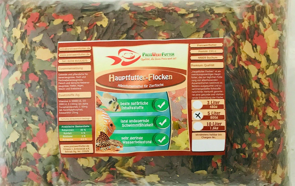 MARKENLOS Hauptfutter Flocken 800 g Fischfutter im 5 L BEUTEL Futter Zierfische Aquarium