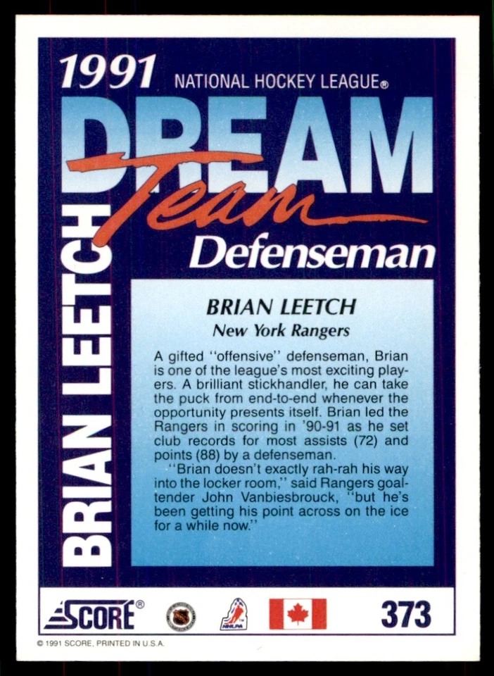 1991-92 Score Canadian Brian Leetch New York Rangers #373 - Image 2 of 2