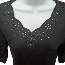 NEW QVC Quacker Factory Top Women's Size Small Black Beaded 3/4 Sleeve t-shirt