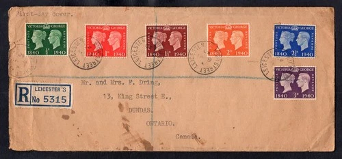 GB 1940 FDC Cover Penny Black. Registered High Street Leicester to Dundas Canada