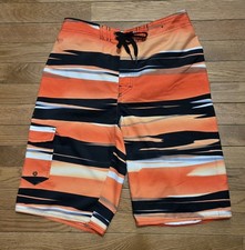 Hang Ten Youth Large 14/16 Orange Black Striped Long Length Board Shorts Mesh In