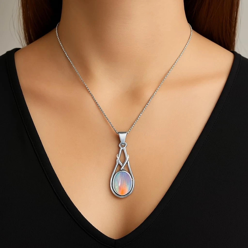 Colgante infinito plata superposición de piedras preciosas ópalo aurora forma ovalada para mujer regalo ella Foto 2 de 4