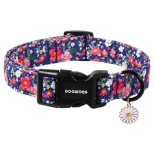 Blue Floral Flower Dog Collar Strong Plastic Buckle Adjustable Supply Fits S