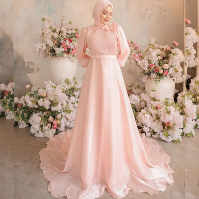 #ad Pink Wedding Dresses Bride High Neck Long Sleeve A Line Flower Pleat Arabic $147.04