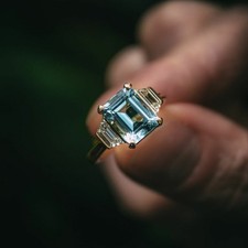 Vintage Aquamarine Three Stone Ring 925 Sterling Silver Gift For Her.