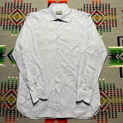 Canali Dress Shirt Mens 44 17.5 Blue Houndstooth Button Up Italy Designer B2