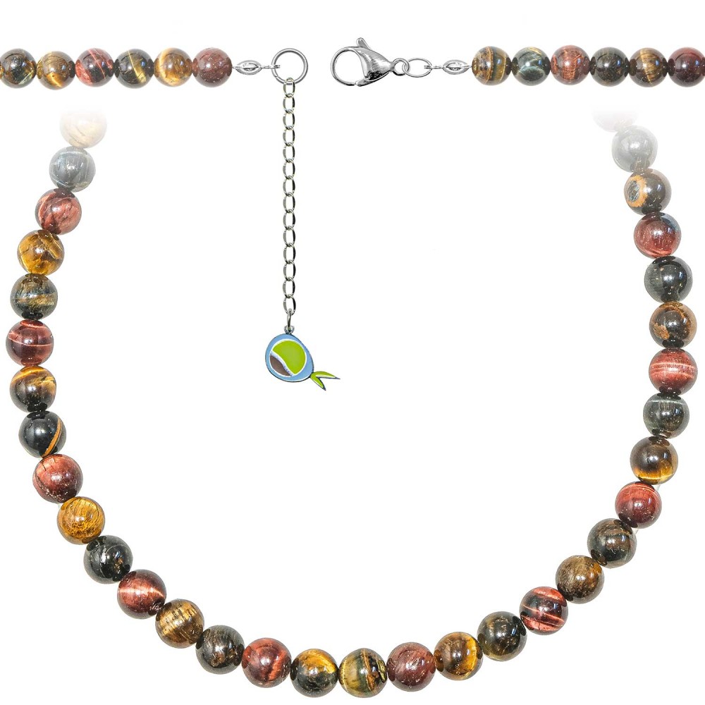 Collier en oeil de tigre, boeuf et faucon avec perles 8mm 50cm
