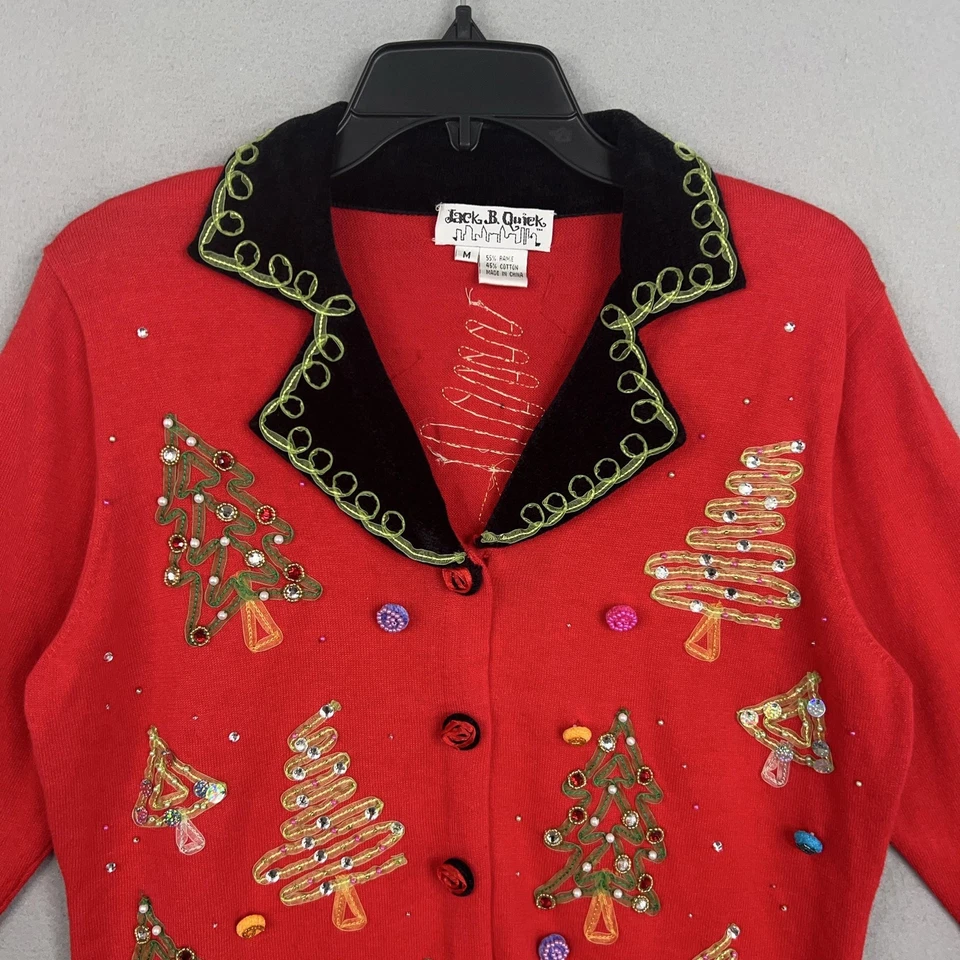 Jack B. Cardigã feminino suéter rápido médio vermelho feio árvore de Natal lantejoulas - Imagem 2 de 4