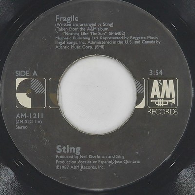 STING Fragile A&M AM-1211 VG+ 45 RPM 1988 Pop Rock 7'' Latin Jukebox