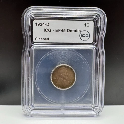 1924-D LINCOLN CENT FRESH SLAB ICG XF45 Details ICG Semi Key Date, Lower Mintage