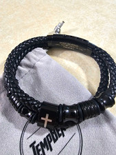 Black Braided Leather Bracelet Cross Charm Psalm 56:3 Verse Christian Jewelry
