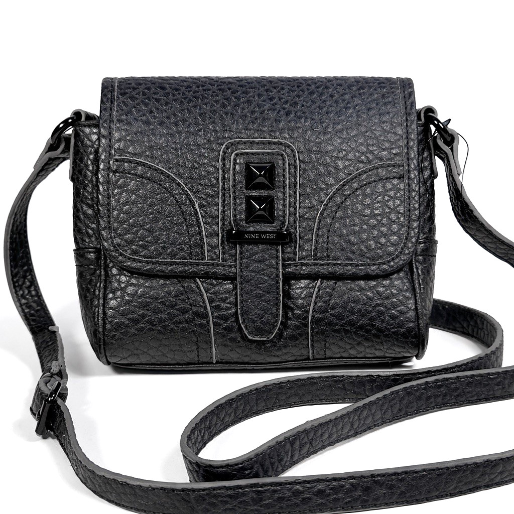 Nine West Rock Stud Black Mini Crossbody Bag Pebble Grain Studded Purse NWT
