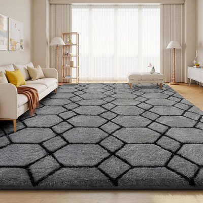 Sour Lemon Hochflor Teppich Grau Carpet Wohnzimmer 140X200 Waschbar Anti-Rutsch 