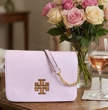Tory Burch Britten Convertible Leather Shoulder Bag Crossbody Pink Big Gold Logo