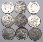 9 Silver MORGAN & PEACE Dollars.  Look @ Photos for dates. #120p