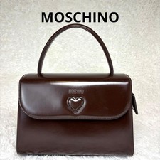 MOSCHINO Formal Leather Handbag Dark Brown Gold Logo Plate Used From Japan
