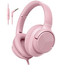 Pink Wired Headphones, Microphone, Over Ear, 3.5mm Plug, 4.9ft Nylon Cord