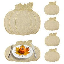 Thanksgiving Fall Pumpkin Placemats Set of 6 Neutral Embroidered Autumn Round...