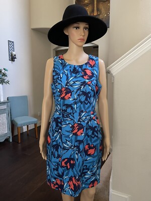 J CREW Printed Textured Cotton Dress Size 8 Blue Orange Tulip Sheath Pockets