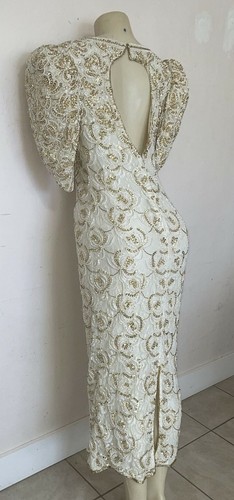 VINTAGE JUDITH ANN CREATIONS WHITE & GOLD BEADED EMBELLISHED SILK GOWN Sz S - Picture 7 of 12