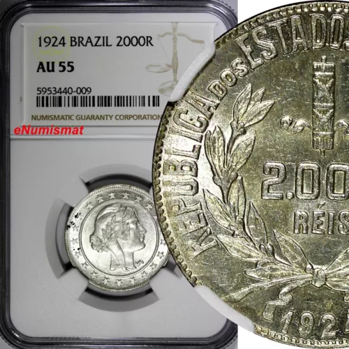 Brazil Silver 1924 2000 Reis NGC AU55 1st Date Type KM# 526 (009)