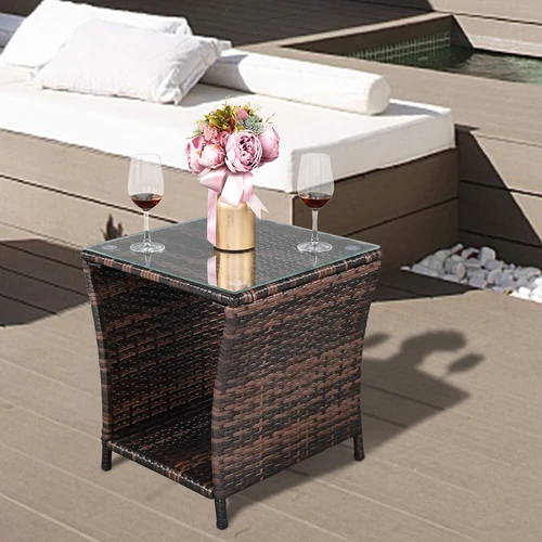 Glass Surface Brown Gradient Iron Frame Rattan Side Table Hot Sale - Picture 10 of 12