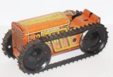 Vintage Marx Tin Litho Bulldozer Wind-up Toy Orange Caterpillar Tractor WORKS 