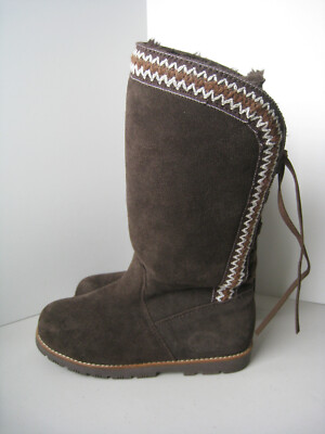 LaMO Womens Girls Sz 5 Boots Brown Suede Mid Calf Faux Fur Lined Pull On Ribbon