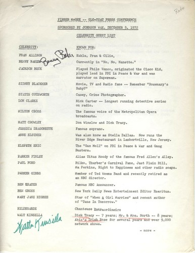 1972 FIBBER MCGEE AUTOGRAPHS JOHNSON WAX CELEBRITY GUEST LIST SIGNED - 第 1/2 張圖片