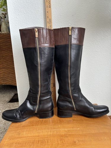 Michael Kors Tall Riding Boots Brown Black Gold Medallion High Leather Women 8 M - Picture 8 of 19