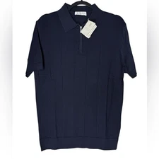 Brunello Cucinelli Men’s Large Navy Cotton Knit Polo Zip Front Luxury Italy NEW