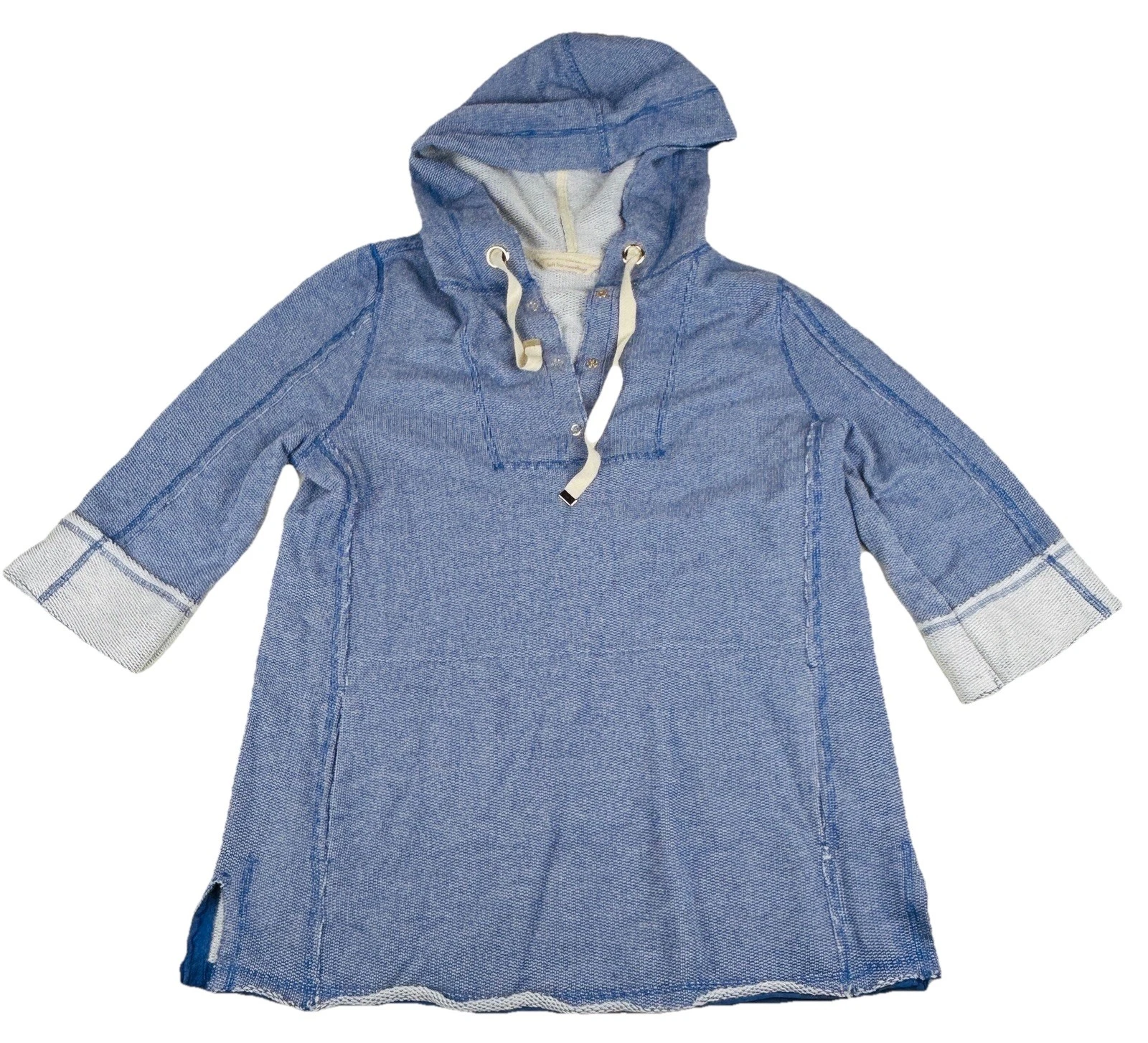 Soft Surroundings Teal Textured 3/4 Sleeve Pullover Knit Hoodie Sz Medium