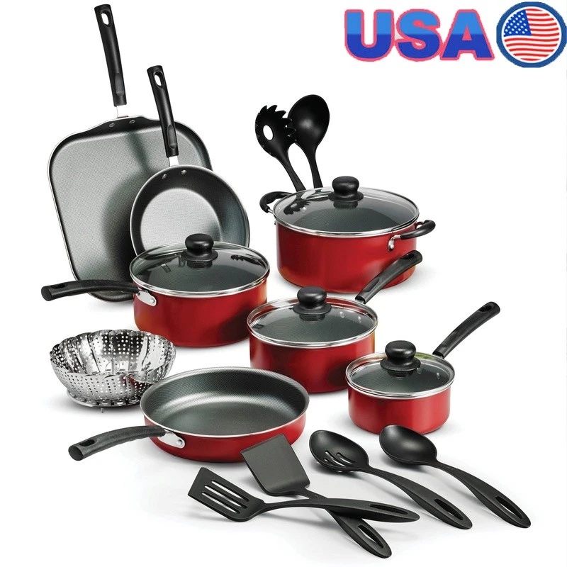 18pc Nonstick Cookware Set Aluminum Pots Pans Stay-Cool Handles Dishwasher Safe