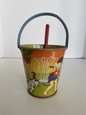 Vintage US Metal Toy Mfg. Tin Litho Sand Pail With Shovel, Kids Sprinkler Fun