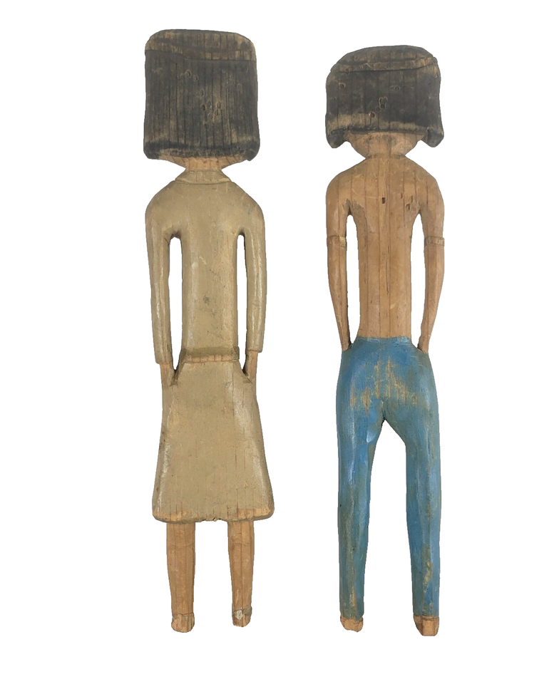 Vintage c.1940 CARVED PINE WOOD MAN & WOMAN FIGURE FOLK ART Outsider ...