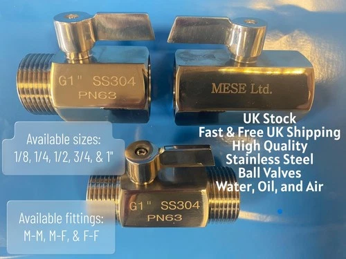 Ball Valve 1/8 1/4 1/2 3/4 & 1" BSP, MM MF FF, Air & Water, Stainless Steel, UK