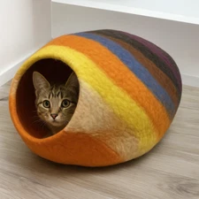 Rainbow Felted Wool Cat Cave Bed – LG Handmade Cozy Pet House for Kittens & Cats