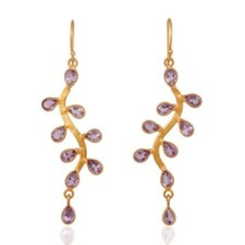 Natural Amethyst Gemstone 925 Silver Gold Plated Dangle Earrings Jewelry