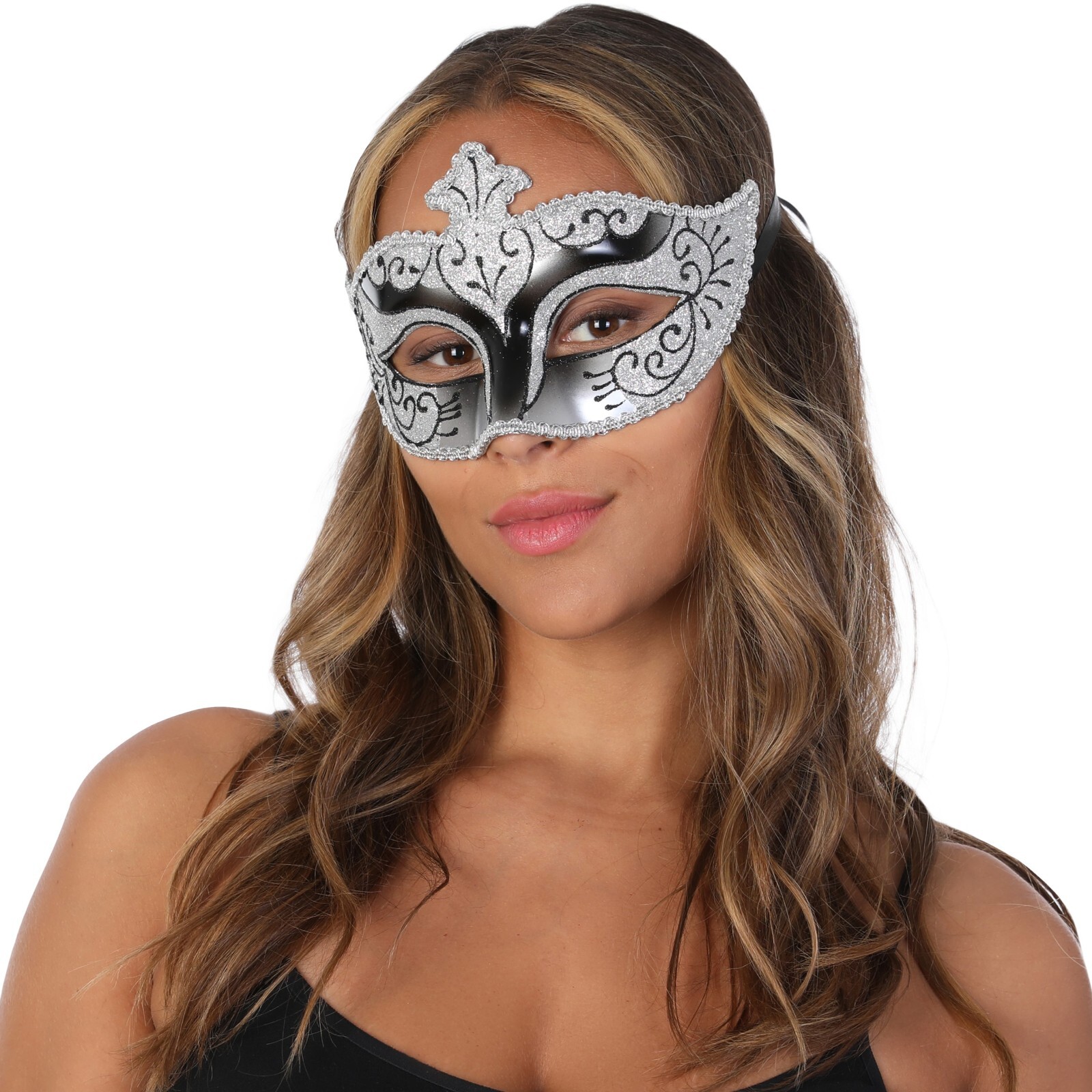 Black Silver Glitter Masquerade Mask Elegant Fancy Dress Costume Halloween
