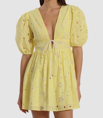 Avec Les Filles Women's Yellow Lace Eyelet Puff-Sleeve Mini Dress Size 10