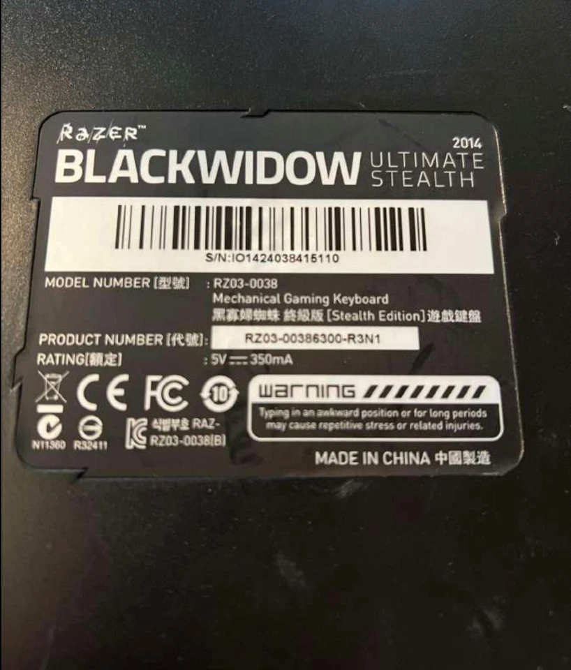 Razer Blackwidow Ultimate Stealth Keyboard Model RZ03-0038 YELLOW SWITCH - Image 3 of 3