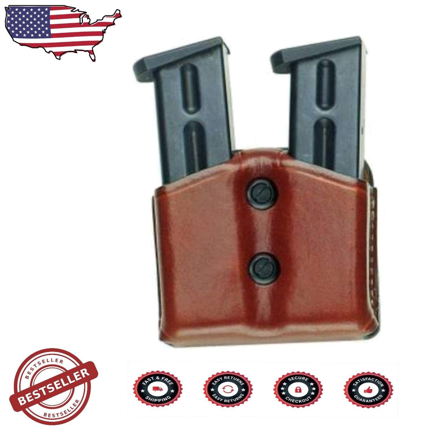 Compact Tan Double Magazine Pouch with Snaps - Ideal for Beretta 92 9mm