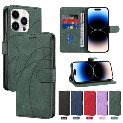 For iPhone 15 Pro Max 14 13 12 11 XS XR 8 7 6 Arc Line Leather Flip Wallet Case