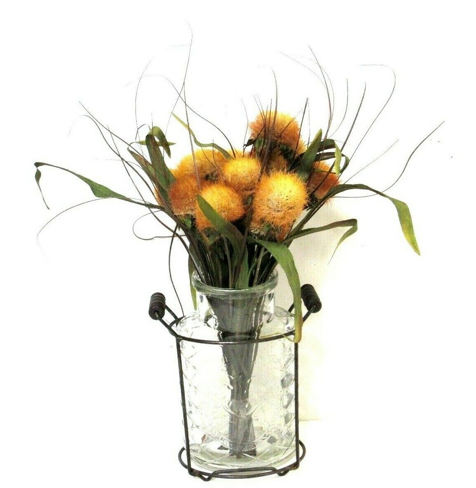 Decorative Glass Jar Vase in Handled Metal Holder with Fall Wild