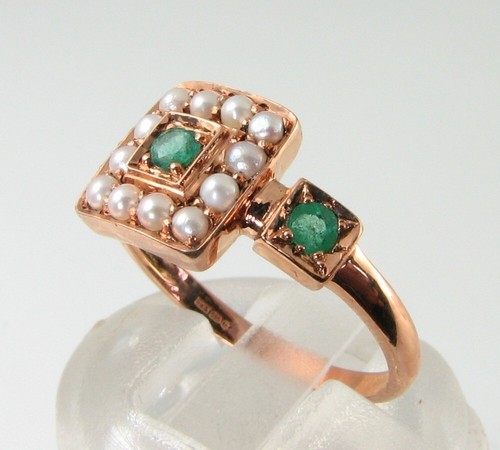 ANILLO INS ART DECO RACIMO CUADRADO PERLA ESMERALDA ORO ROSA 9K 9CT CAMBIO DE TAMAÑO GRATUITO - Imagen 2 de 7