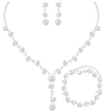 Elegant Necklace Earrings Bracelet Crystal Bridal Wedding Style B-SILVER 3PCS